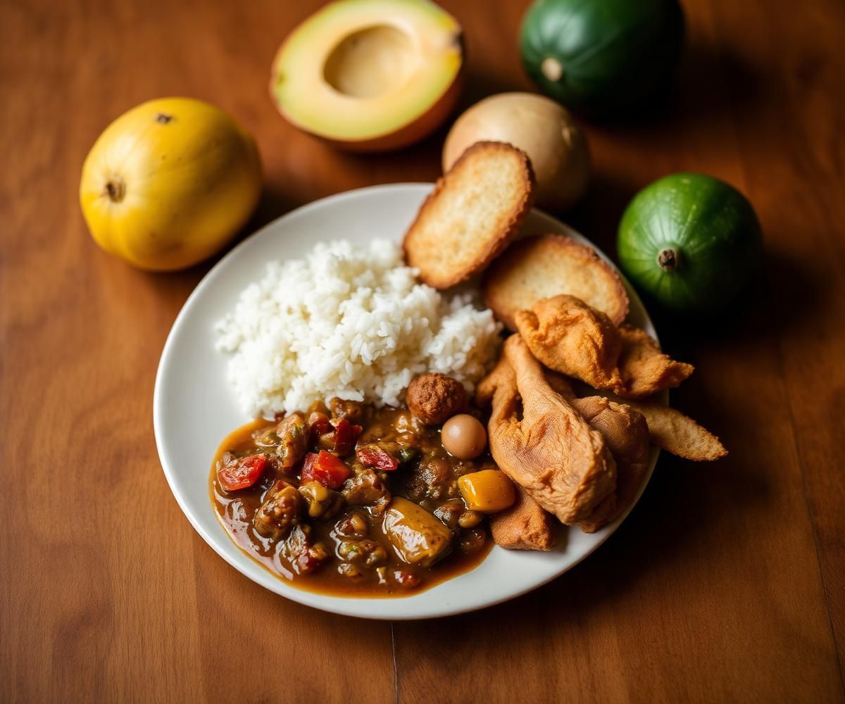 Belizean plate with rice and beans, stew chicken, and fry jacks