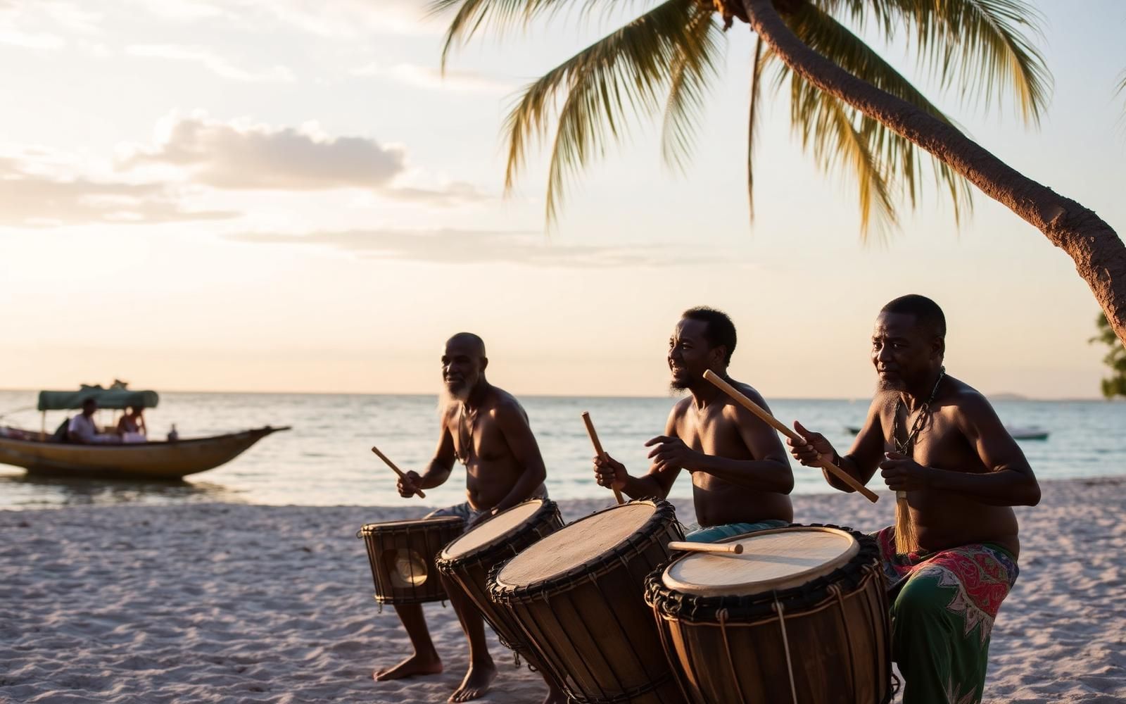 Garifuna drummers on a Hopkins beach at sunset
