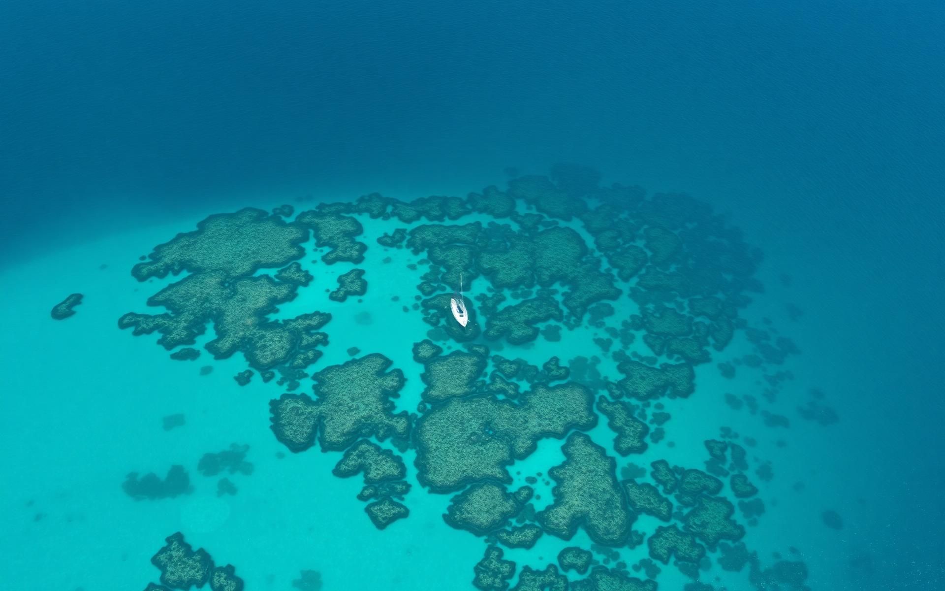 Aerial view of the Belize Barrier Reef with a sailboat in turquoise water