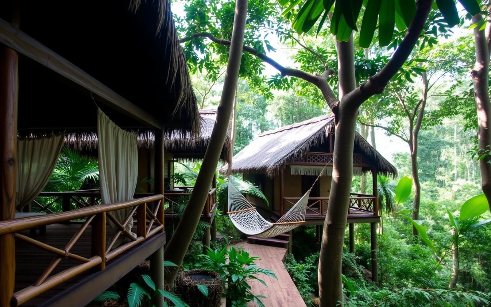 Thatched jungle eco-lodge cabanas in Belize rainforest with hammocks