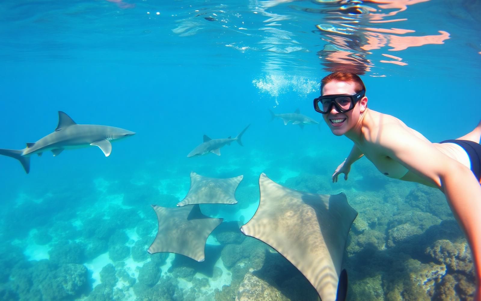 Snorkeler with nurse sharks and rays