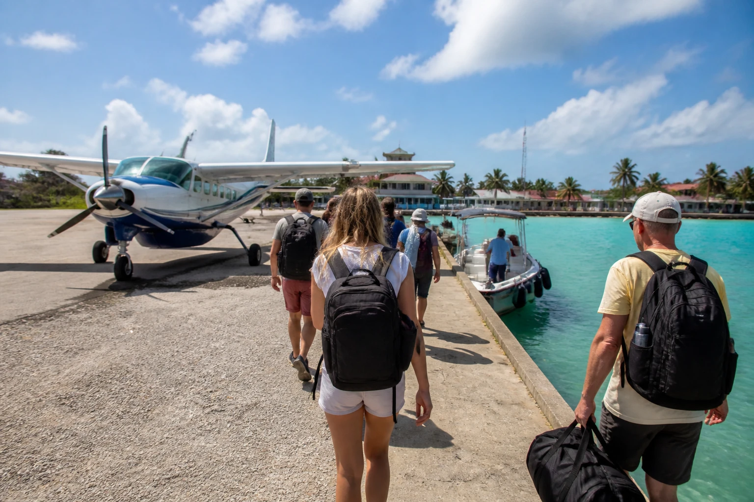 Small aircraft and dock illustrating transfer options to Ambergris Caye
