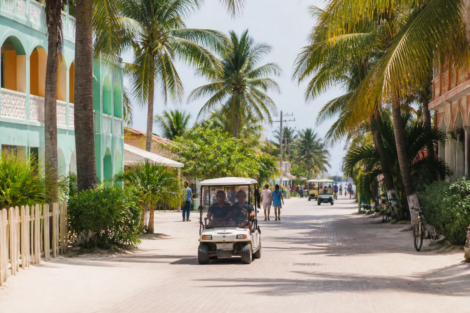 Pedestrians and golf-cart transportation in central San Pedro