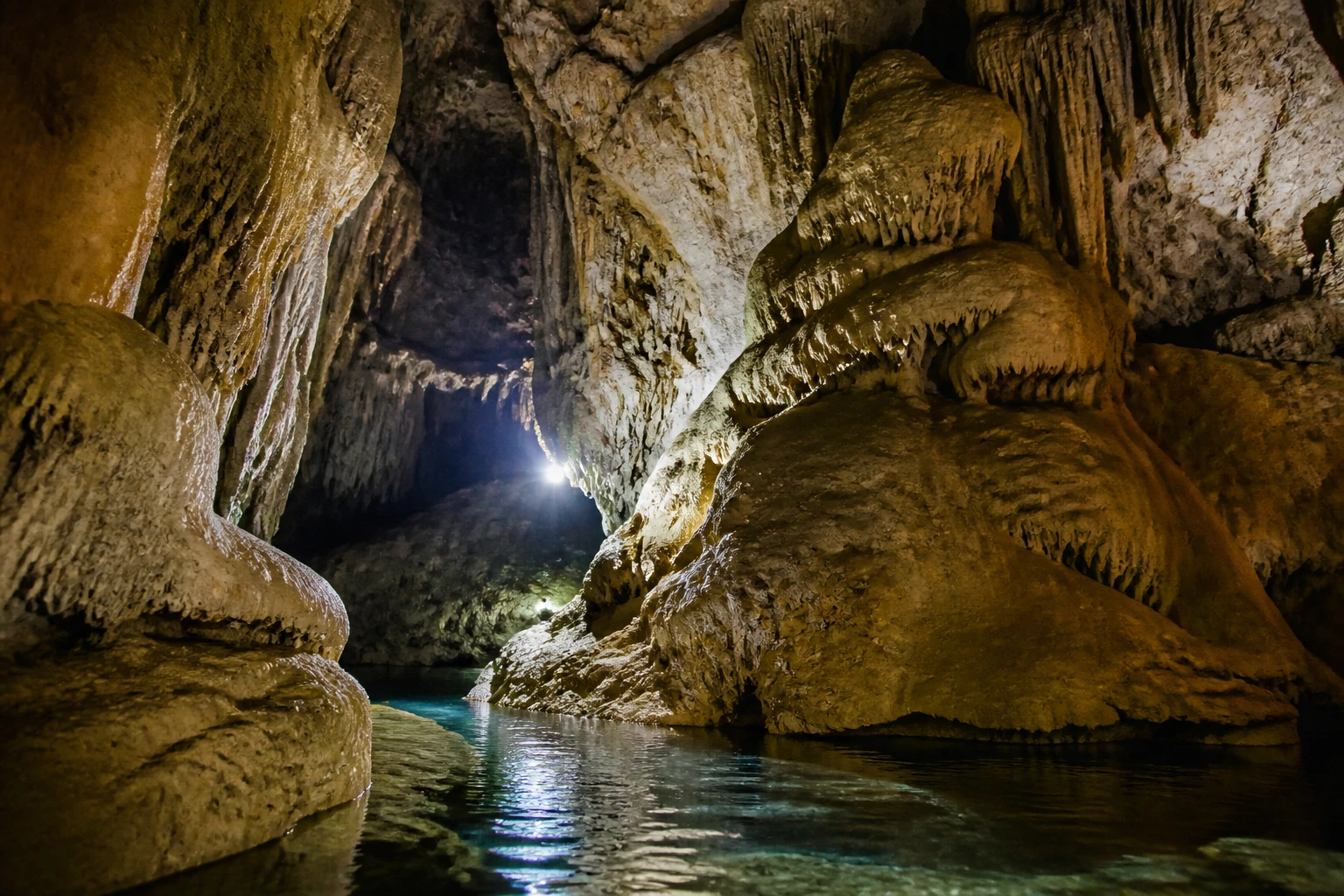 Limestone formations above the water inside Barton Creek Cave