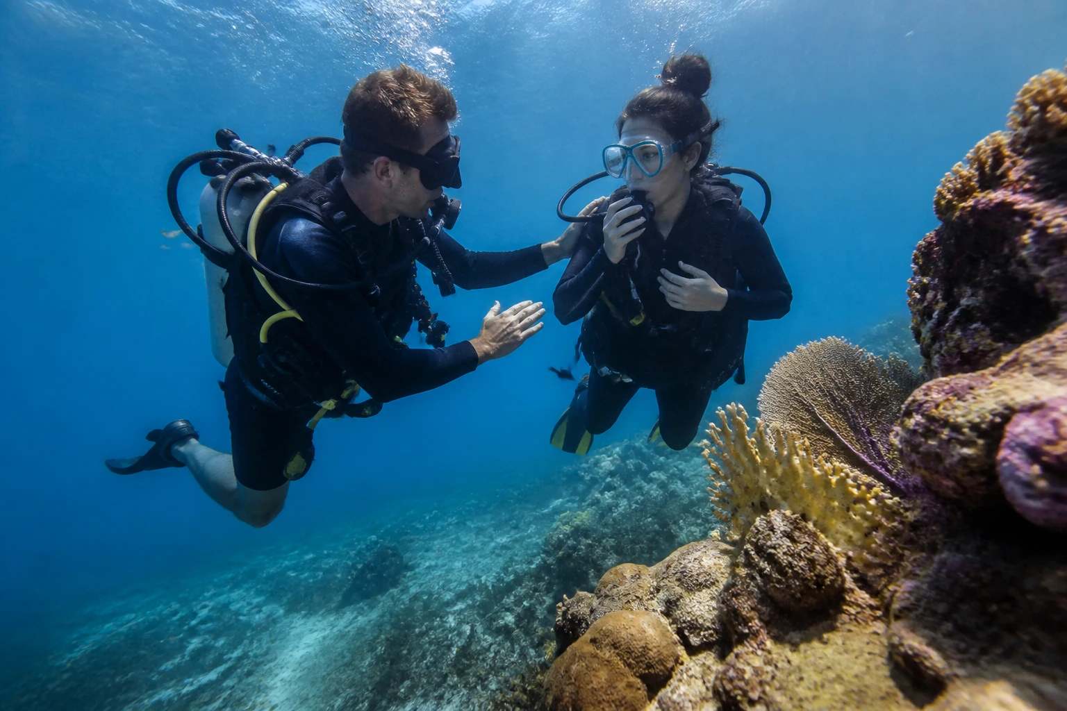 Scuba instructor guiding a novice diver near coral in Belize