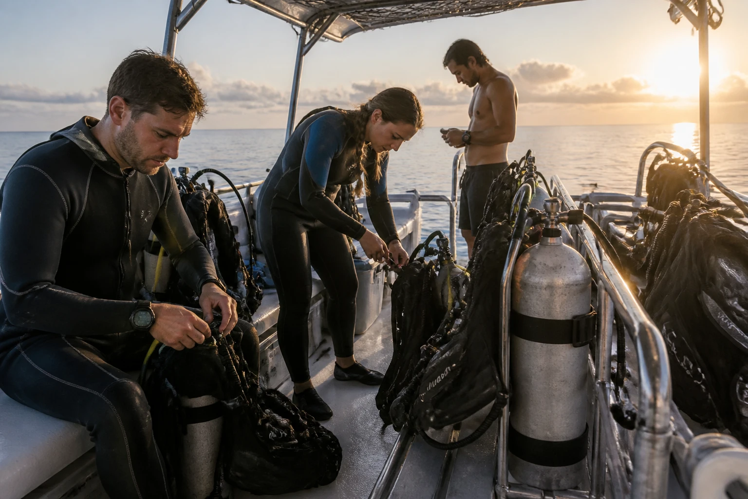 Divers preparing equipment on a Belize dive boat