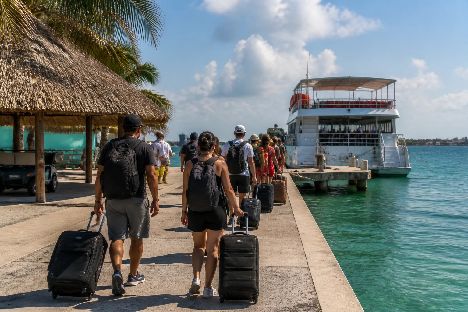 Travelers preparing to board a water taxi in Belize City