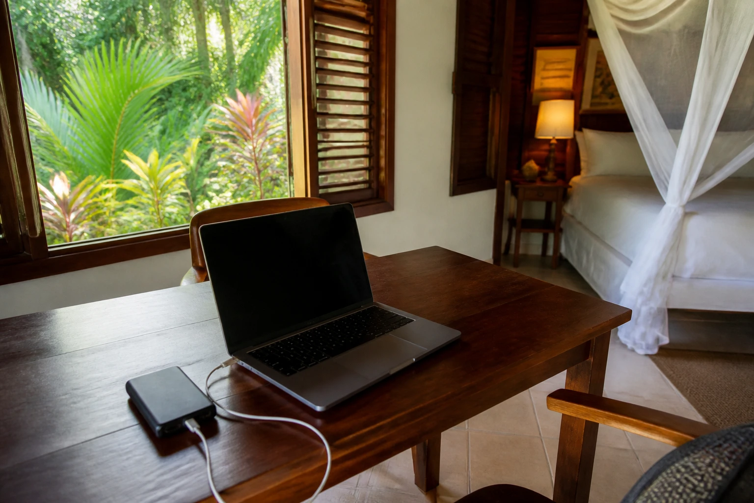 Laptop workspace and backup battery at a Belize accommodation