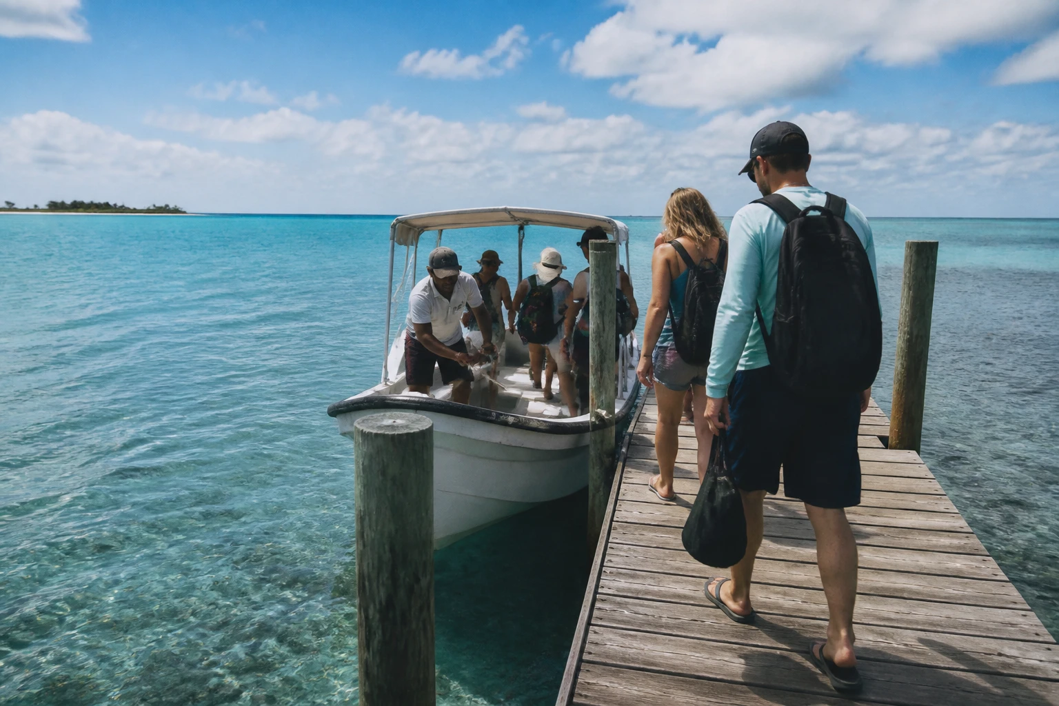 Travelers leaving a Belize dock for a daytime excursion