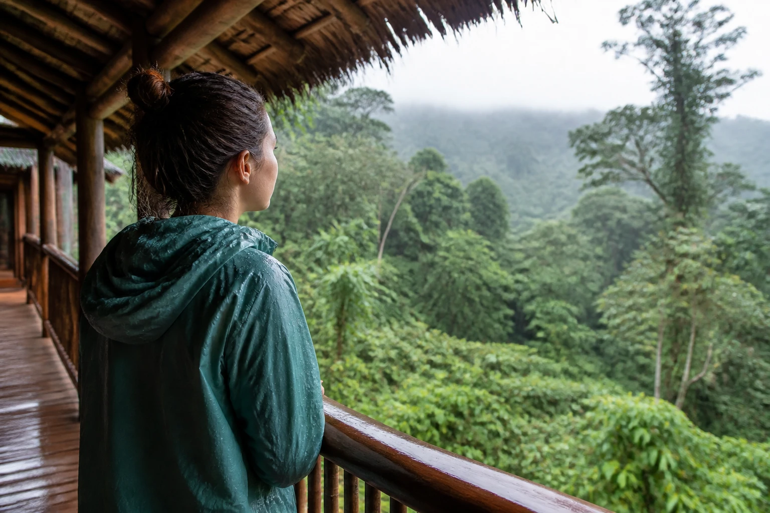 Traveler prepared for rain at a Belize jungle lodge