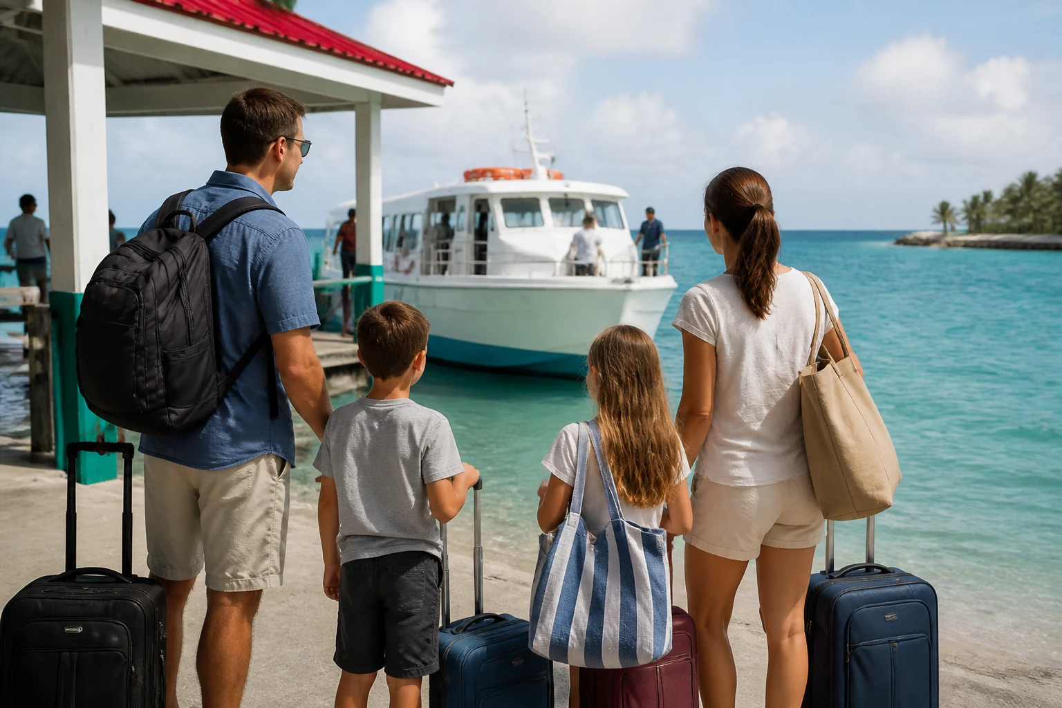 Family preparing for a coastal boat transfer in Belize