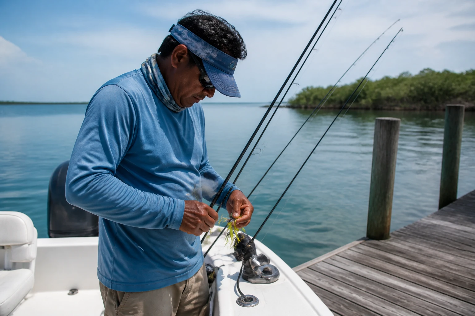 Captain preparing tackle for a Belize fishing charter