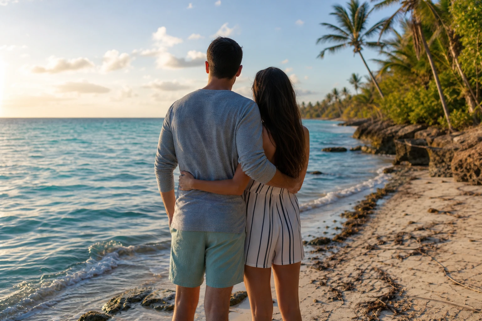 Couple standing on a Belize beach at sunset
