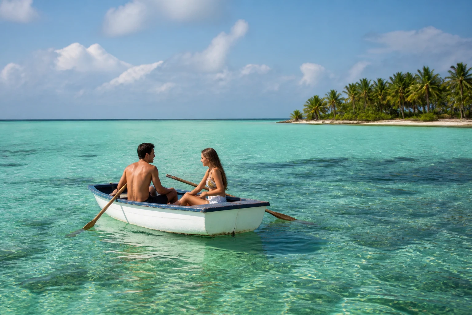 Couple traveling by boat on clear Belize waters