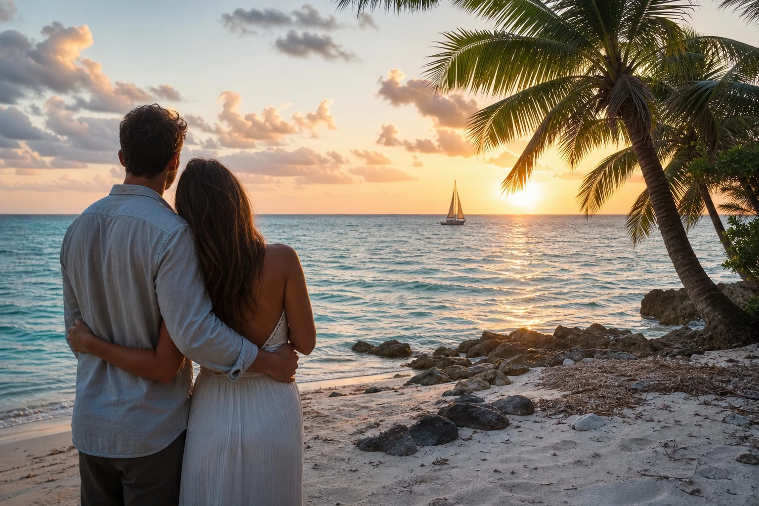 Couple walking along a Belize beach at sunset