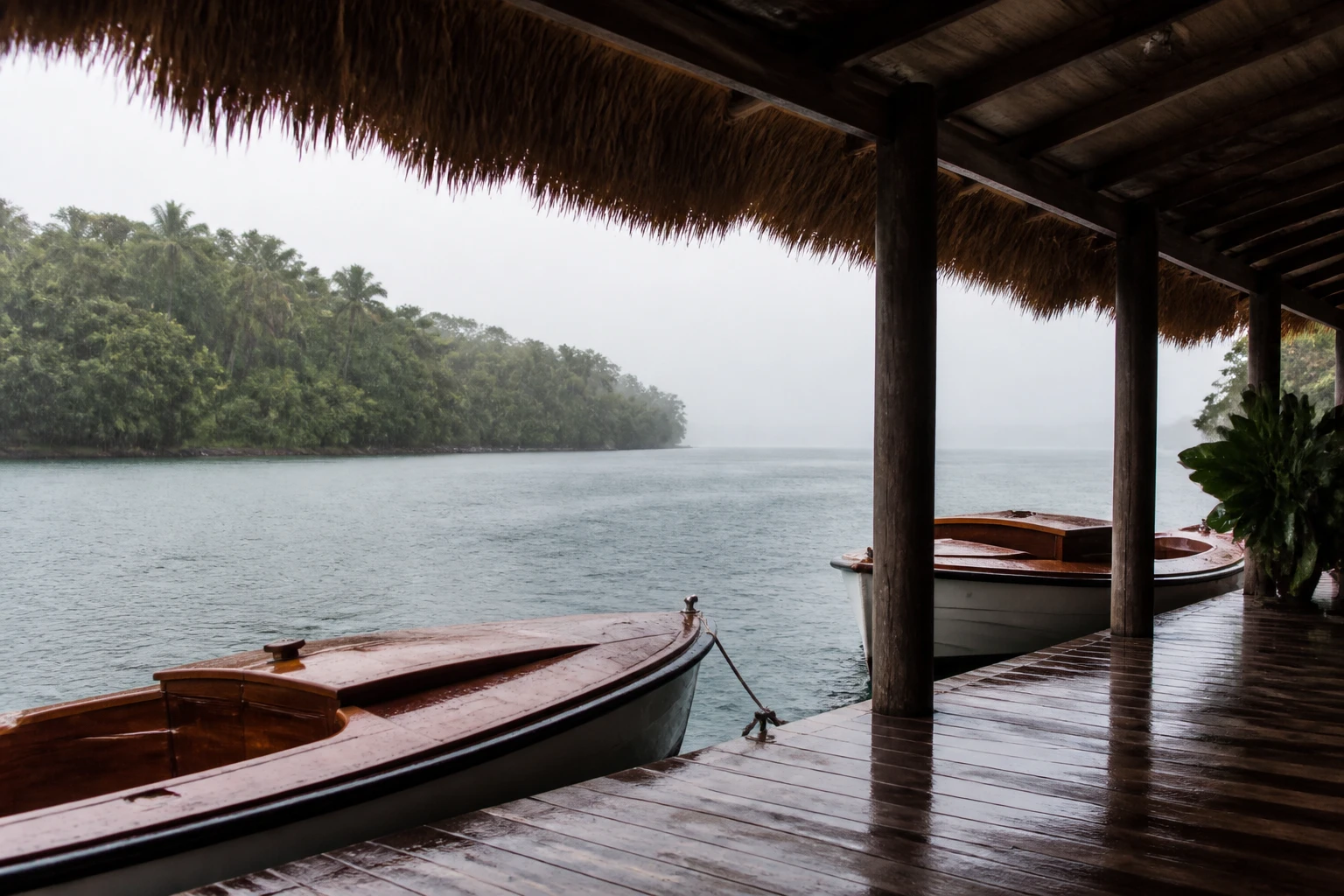 Covered dock on a rainy day in Belize