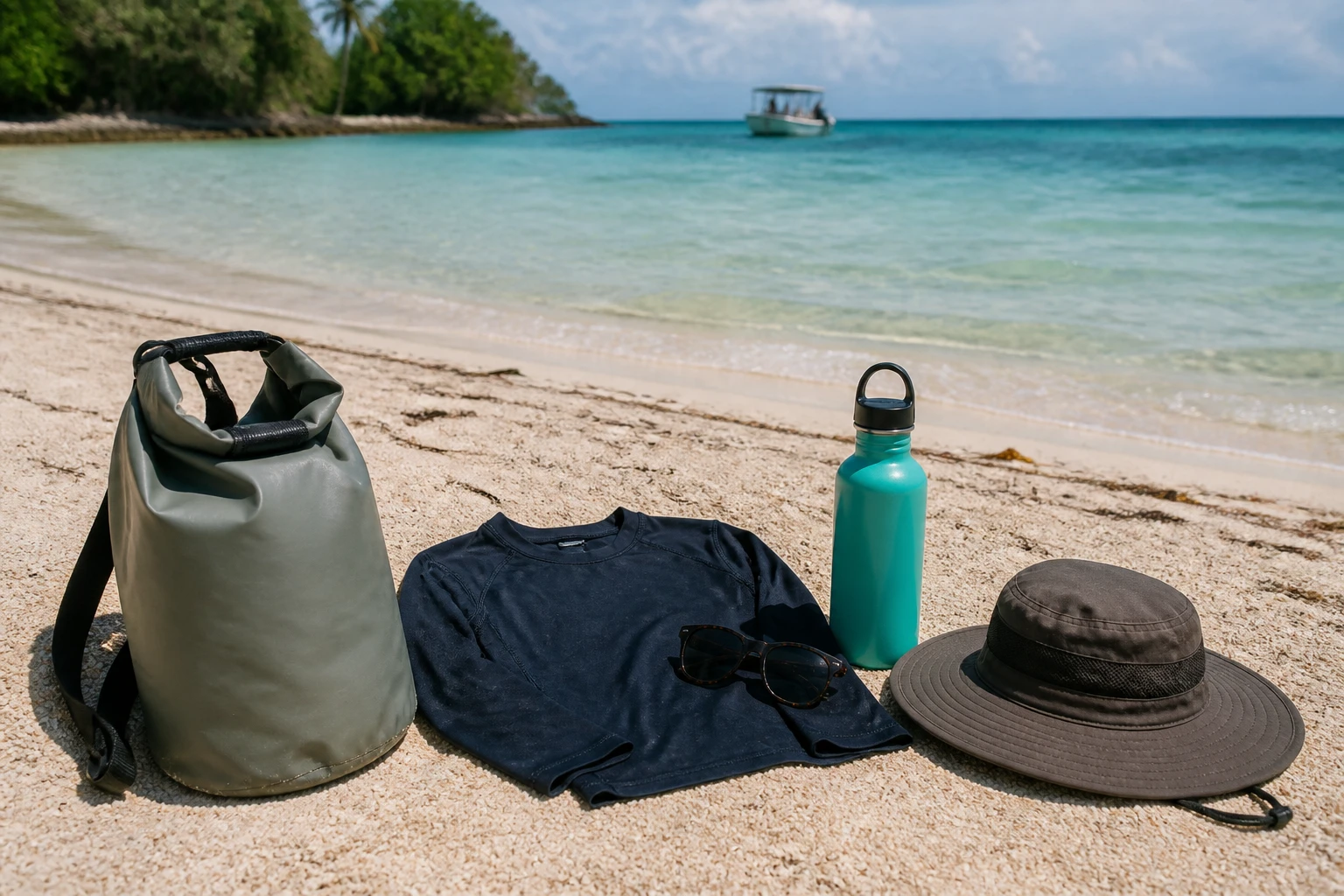 Dry bag and sun-protective gear for Belize boat and beach days