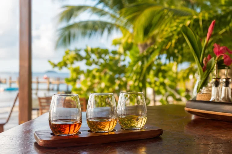 A Belize rum tasting with unbranded glasses in warm Caribbean light