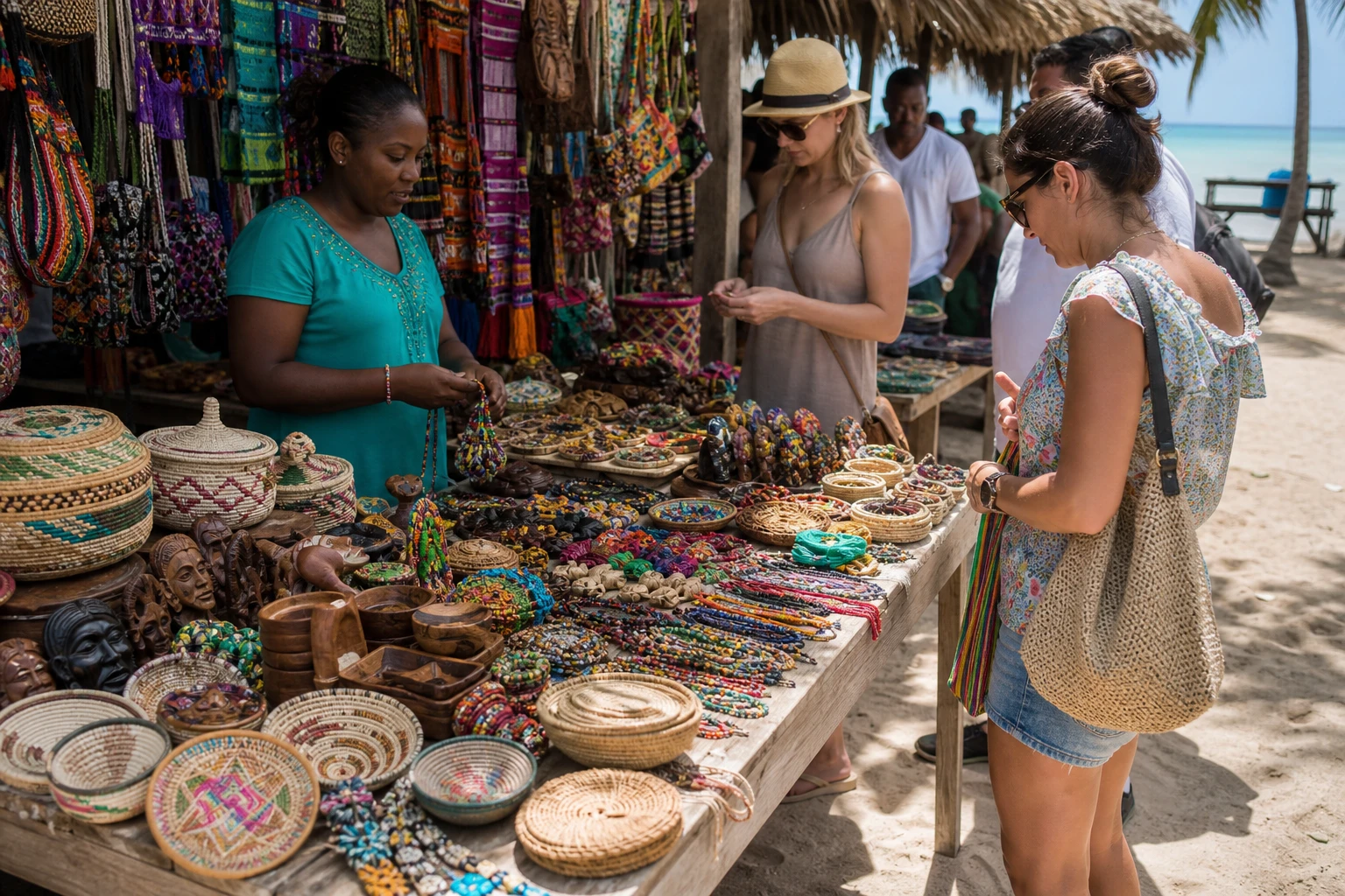 Handmade crafts displayed at an artisan market in Belize