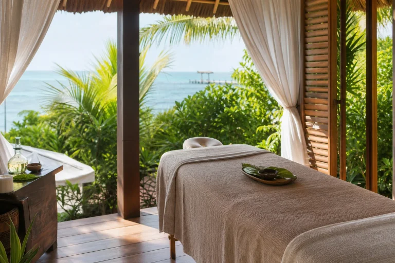 Open-air wellness pavilion in a tropical Belize resort setting