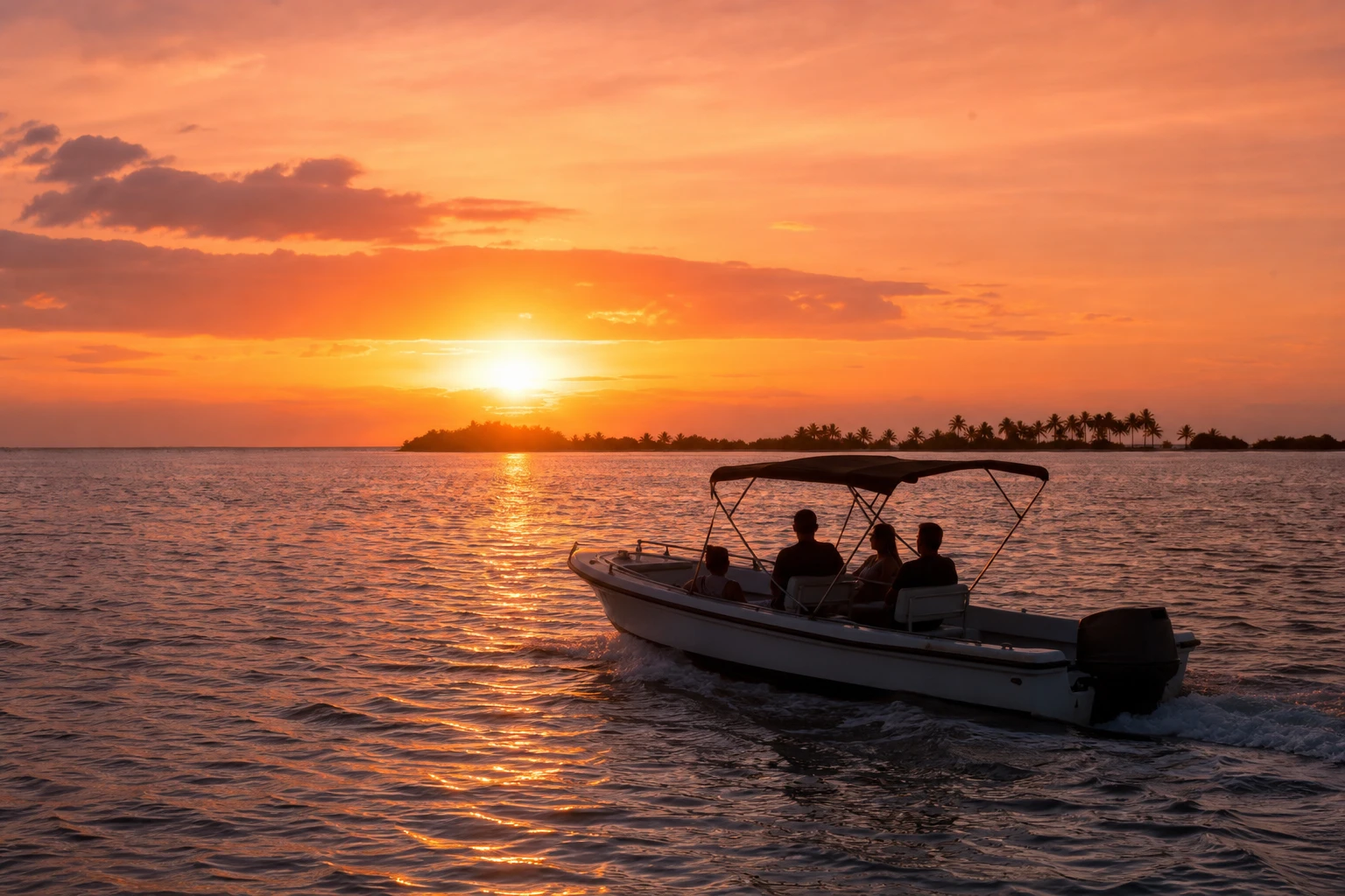 Boat cruising near Belize cayes at sunset
