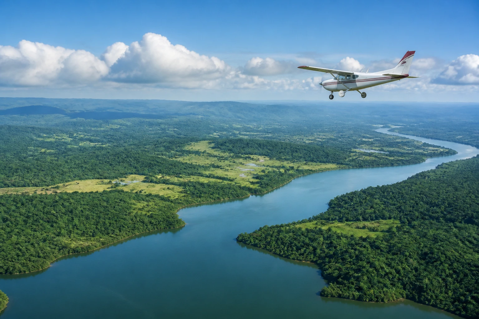 Small aircraft flying over the Belize landscape