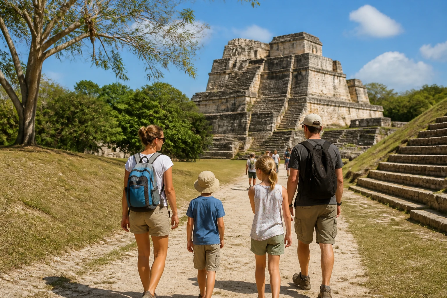 Family exploring a Maya archaeological reserve in Belize