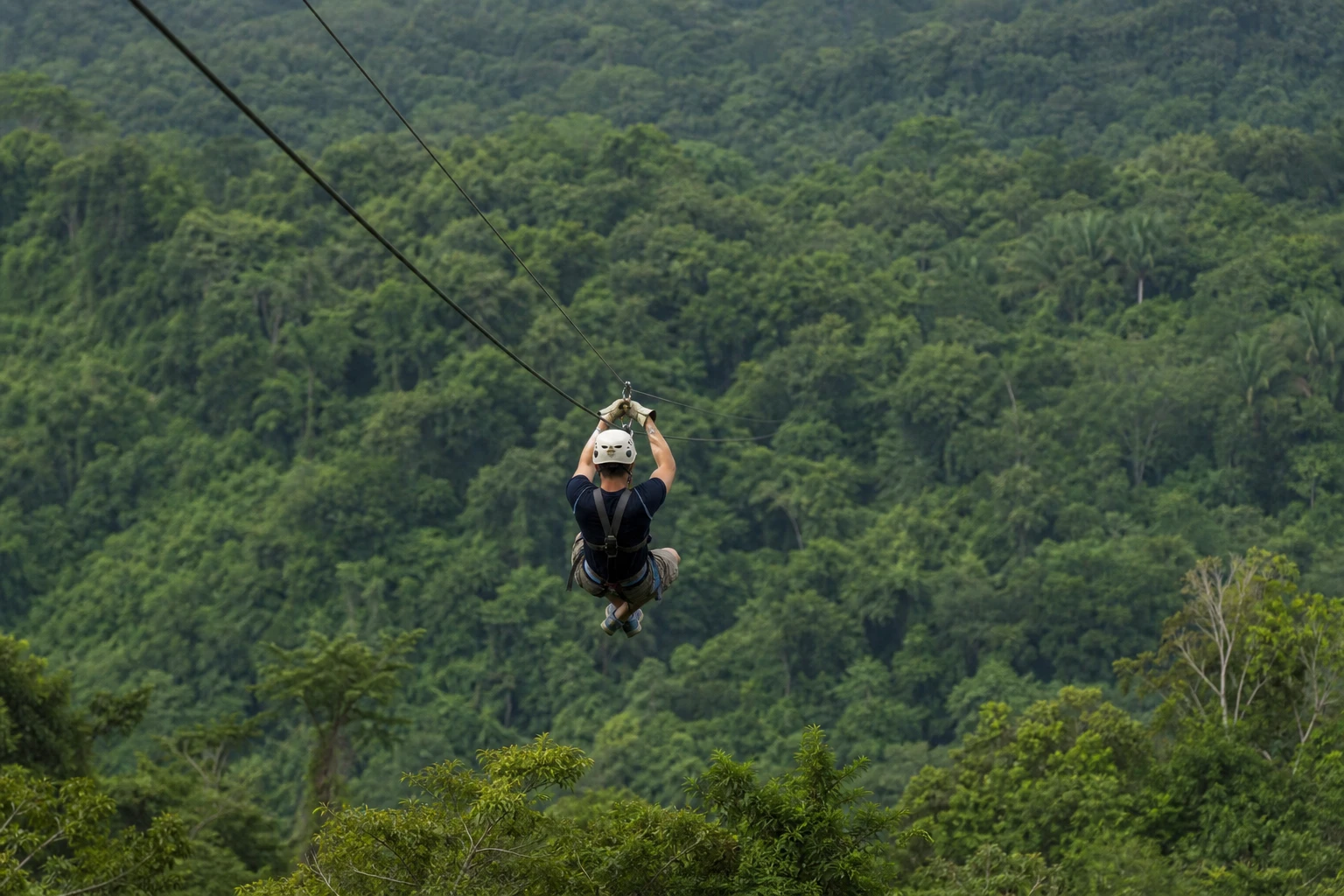 Zipline rider crossing above rainforest canopy in Belize