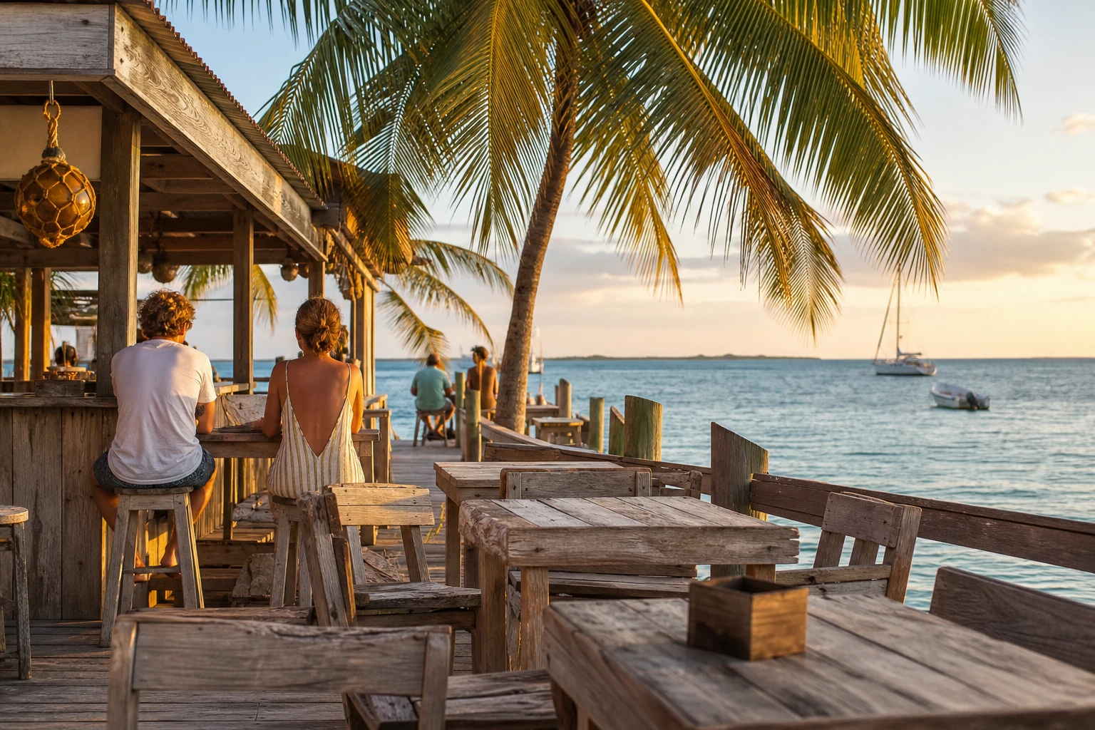 Open-air waterfront bar setting on a Belize island at sunset