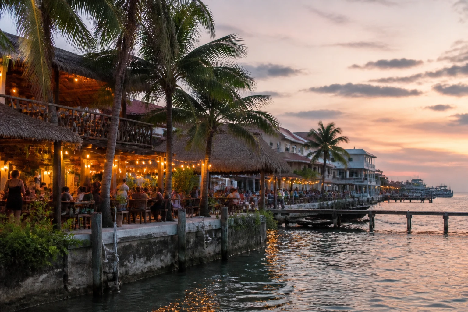 Waterfront evening atmosphere in San Pedro on Ambergris Caye