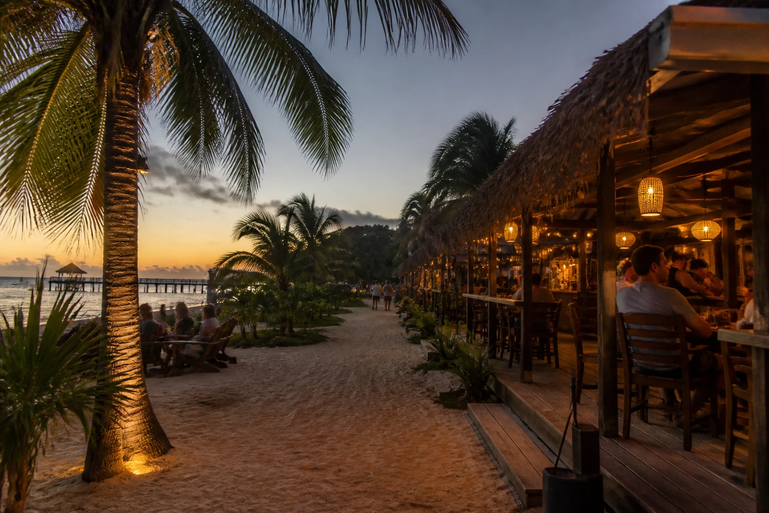 Beach-village evening setting in Placencia, Belize