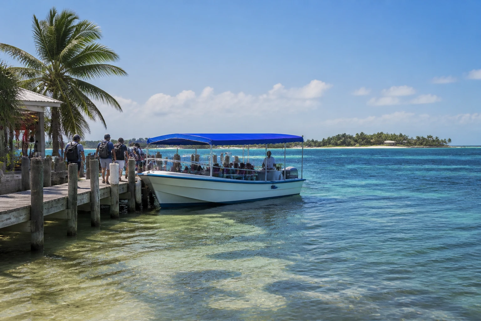 Passenger water taxi at an island dock in Belize