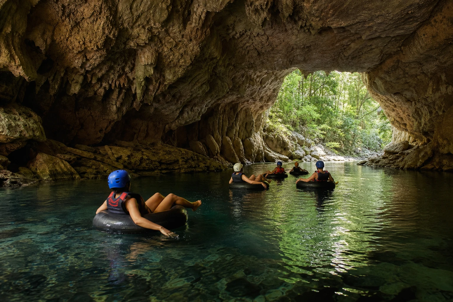 Travelers floating through a limestone cave on a Belize tubing excursion