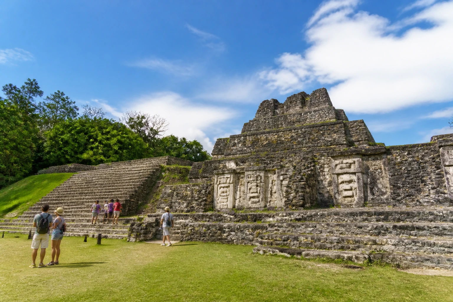 Ancient stone structures at Altun Ha Maya site in Belize