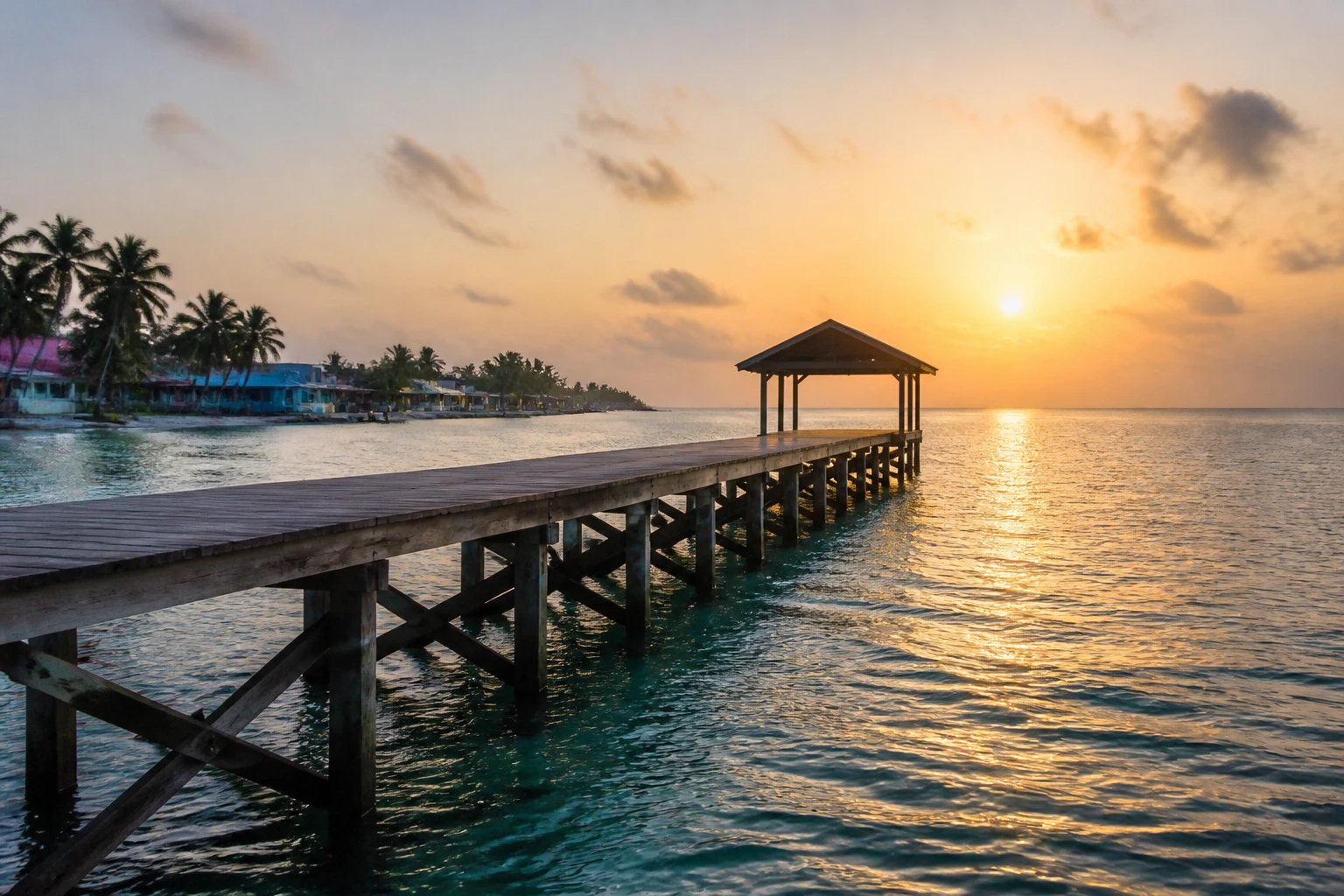 Wooden pier at sunrise on Caye Caulker, Belize