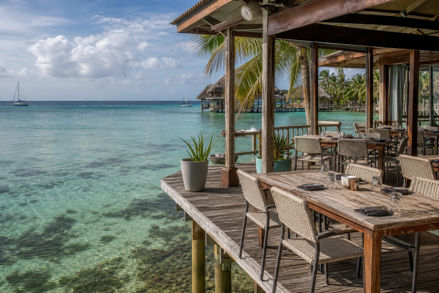 Open-air over-water restaurant setting in Belize