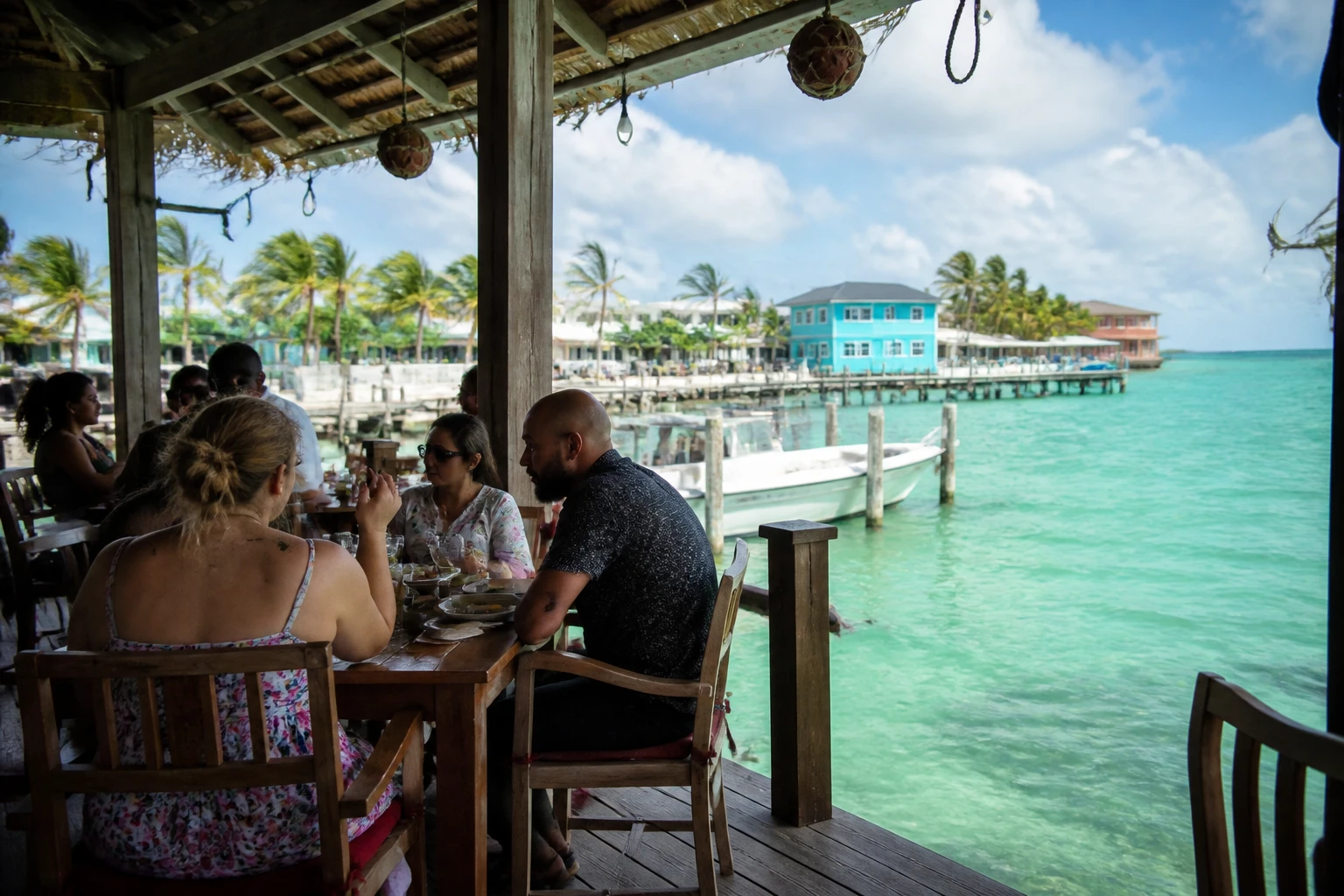 Waterfront dining setting in San Pedro on Ambergris Caye
