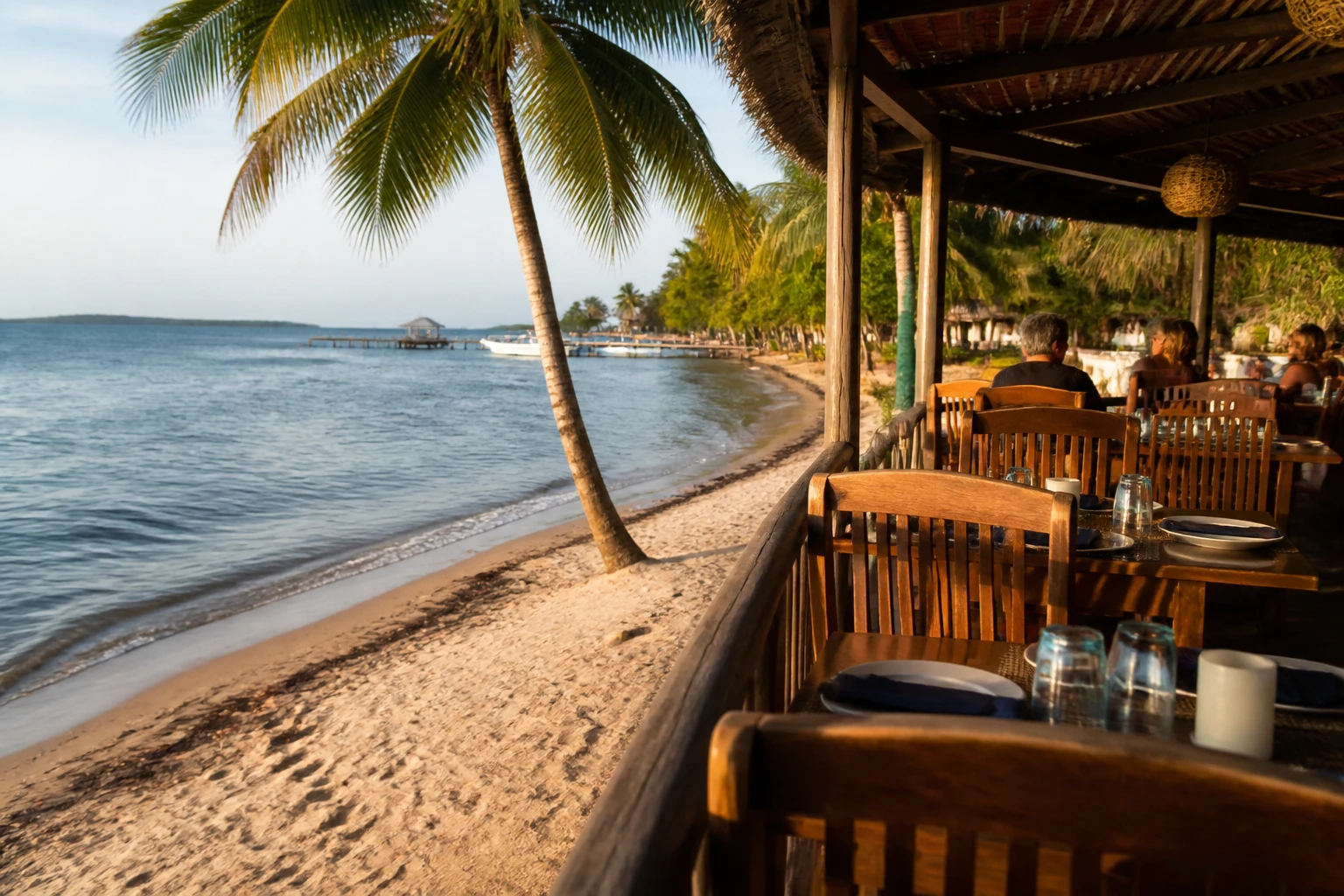 Beachfront waterfront dining setting in Placencia