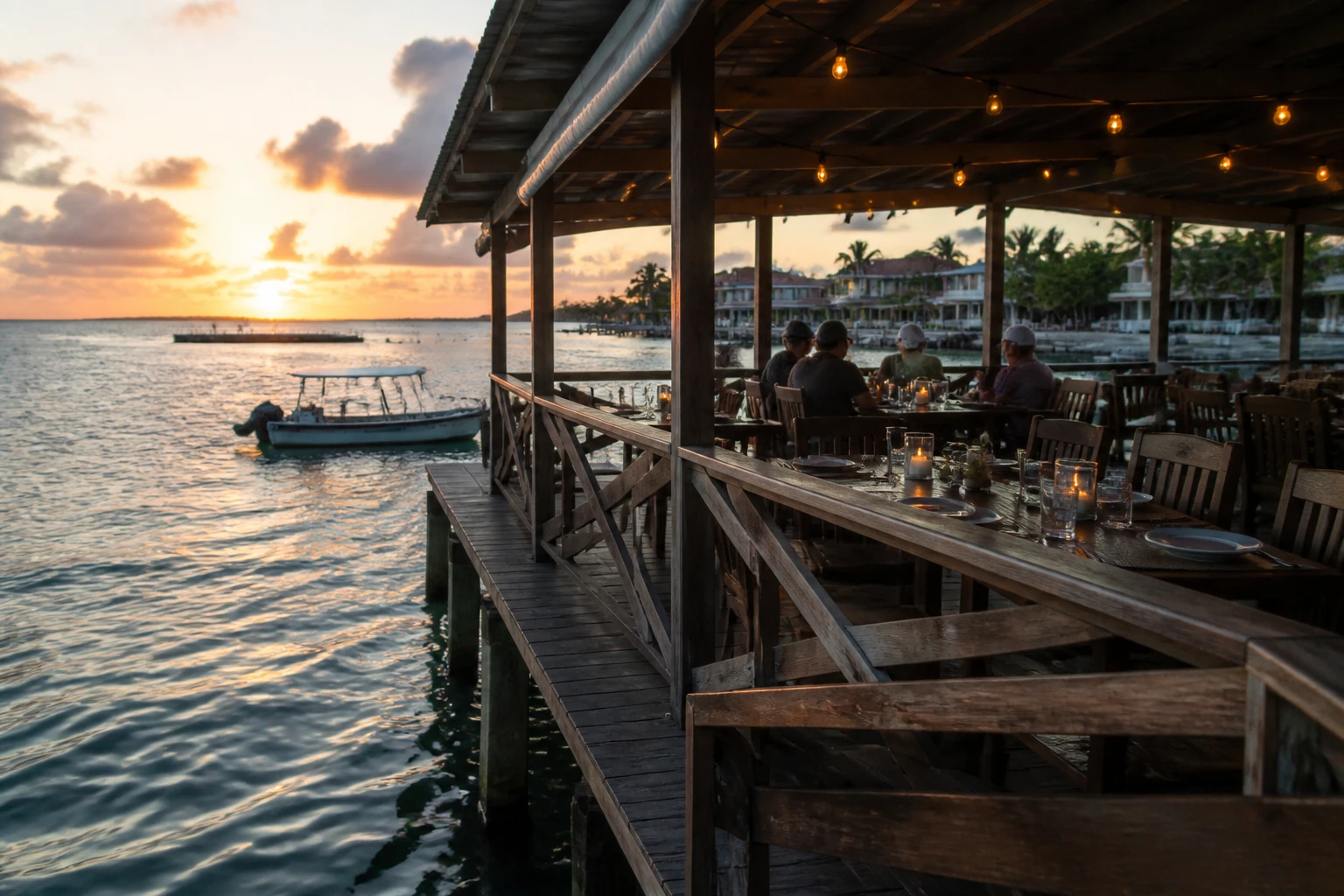 Waterside restaurant deck in Belize at dusk