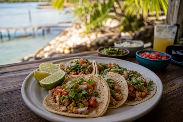 Tacos served at a casual outdoor dining setting in Belize