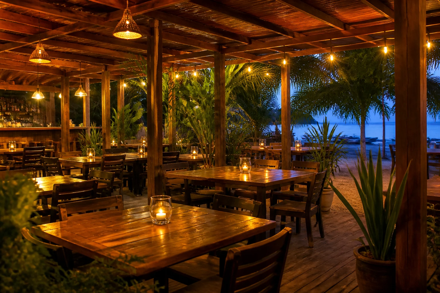 Casual outdoor restaurant patio in Belize at early evening