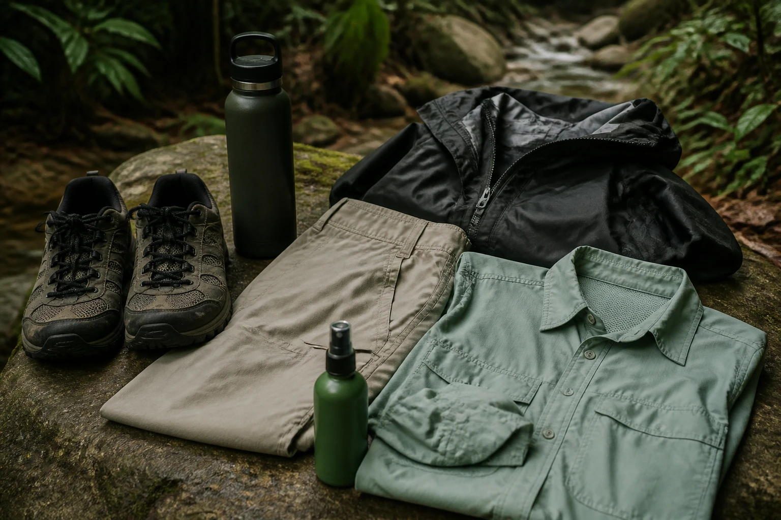 Clothing and supplies packed for a Belize rainforest visit