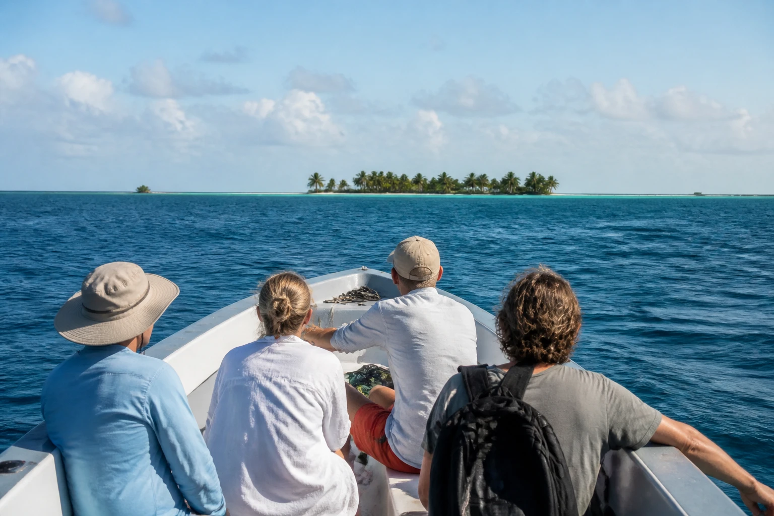 Boat transfer approaching a reef caye in Belize