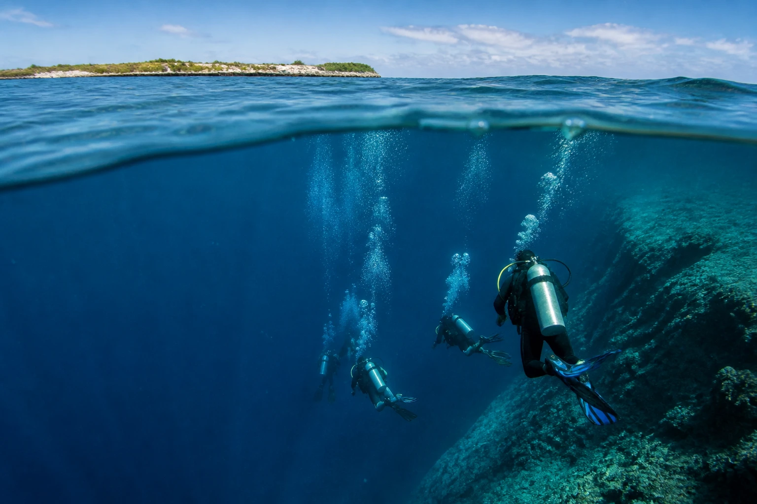 Scuba divers descending beside the deep walls of the Great Blue Hole