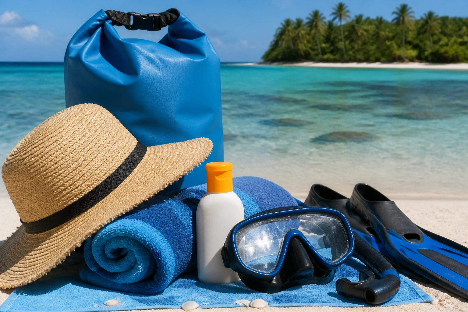Snorkeling gear and dry bag packed for a Laughing Bird Caye day trip