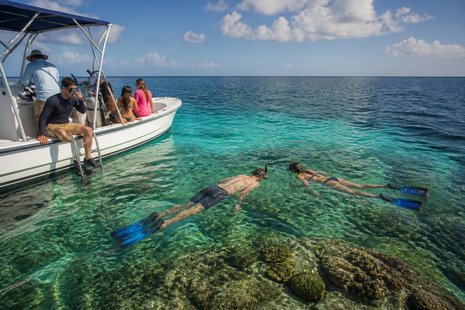 Travelers snorkeling during a marine excursion near Placencia