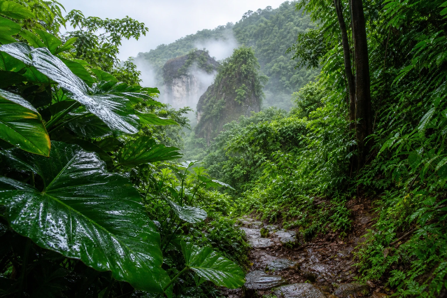 Rain-soaked jungle landscape in Belize