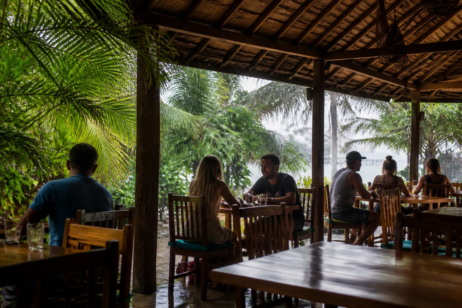 Covered open-air dining during rain in Belize
