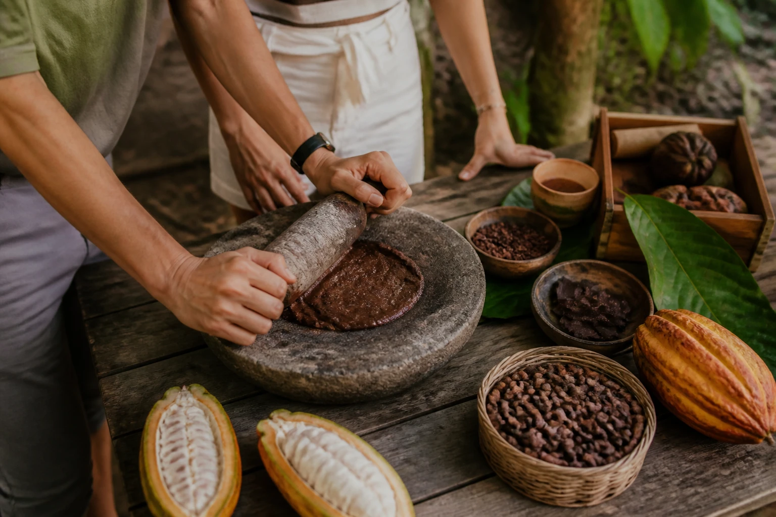 Couple taking part in a chocolate-making experience in Belize