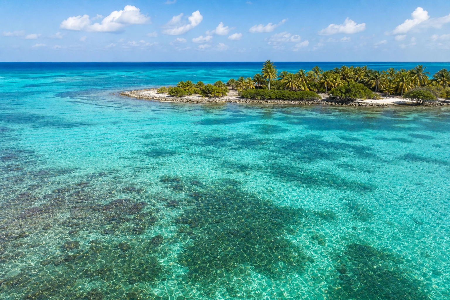 Turquoise water and reef-fringed shoreline at South Water Caye in Belize